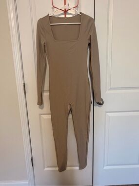 Beige Long Sleeve Square Neck Jumpsuit
